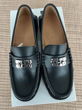 Ganni Black Leather Women's Loafers with Silver Butterfly Logo